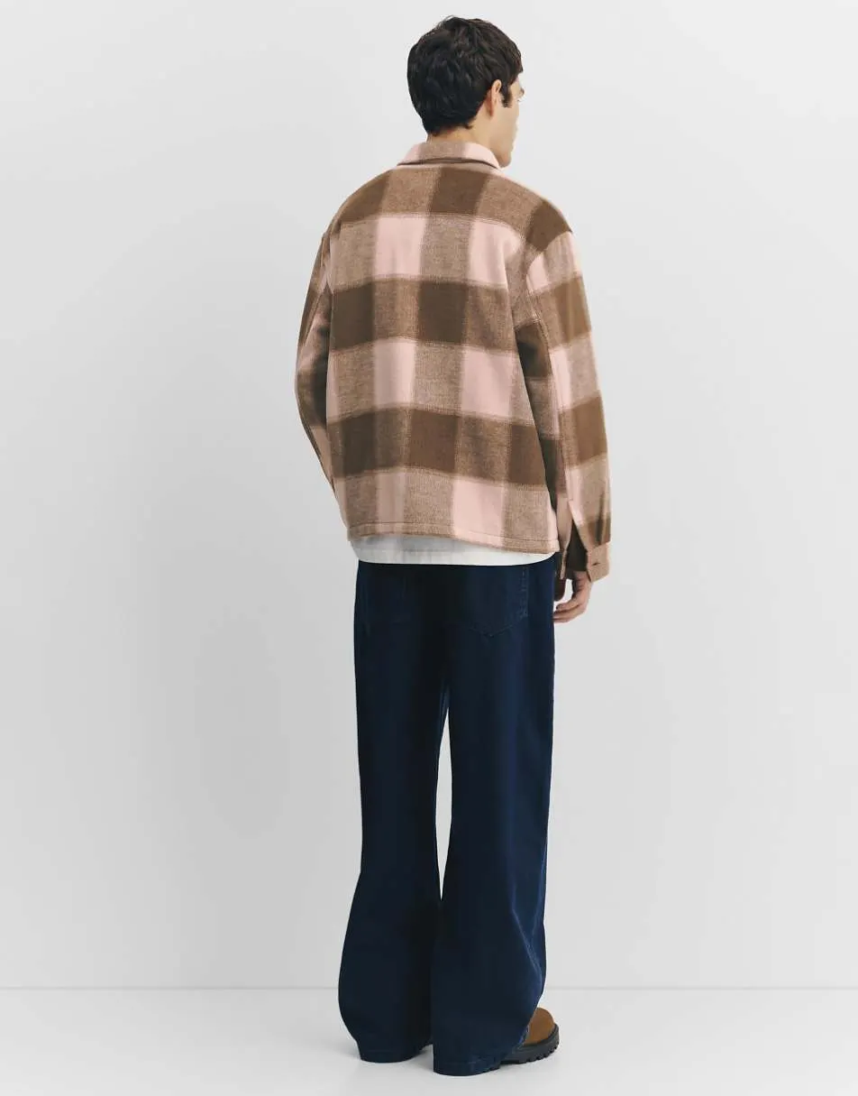 Pull&Bear Check overshirt with pocket in brown