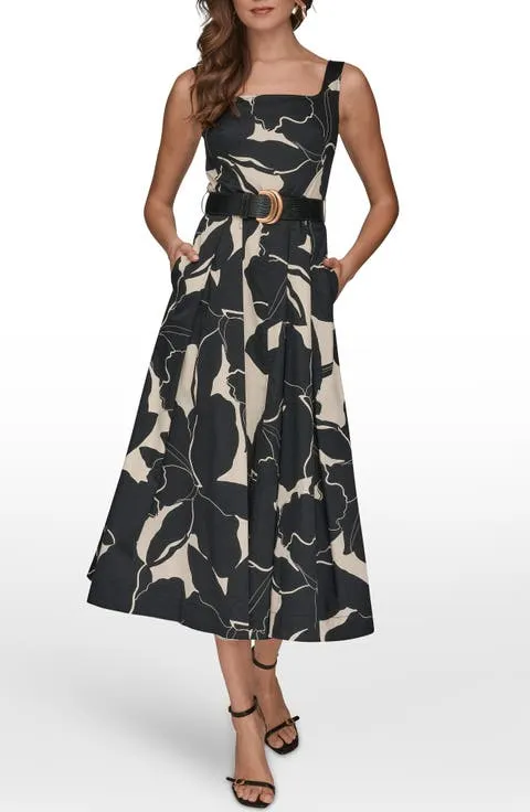 Belted Fit & Flare Midi Dress