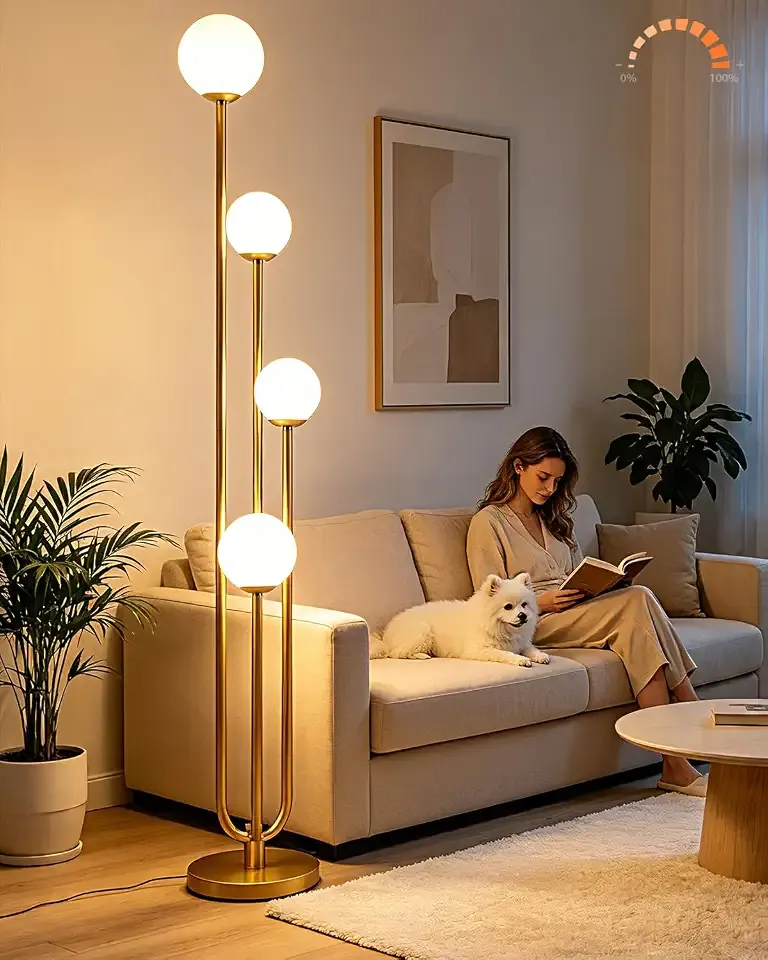 Gold Globe Floor Lamp 4-Lights Dimmable Floor Lamps 3000K Bulbs Included Unique Mid Century Modern Standing Tall Lamp for Living Room/Bedroom/Sofa Beside/Corner Decor