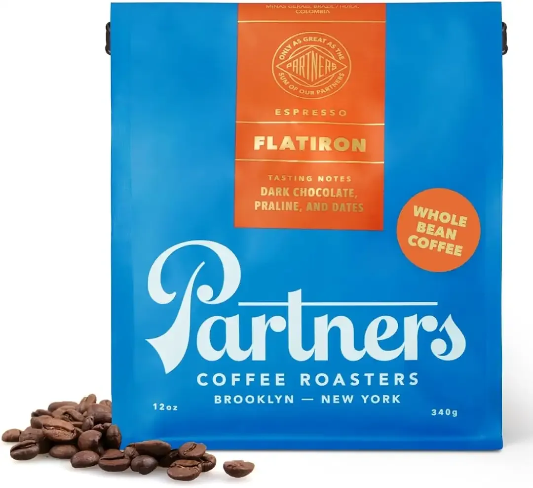 PARTNERS COFFEE ROASTERS - Whole Bean Coffee (Flatiron - Espresso, Medium-Dark Roast) 12oz - Classic Blend, Tastes Like Home - Dark Chocolate, Praline, Dates - Coffee Beans - Roasted in New York City
