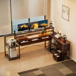 Escritorio Gaming en L 148cm con LED, 3 Enchufes AC, 2 Puertos USB, Cajones y Almacenamiento