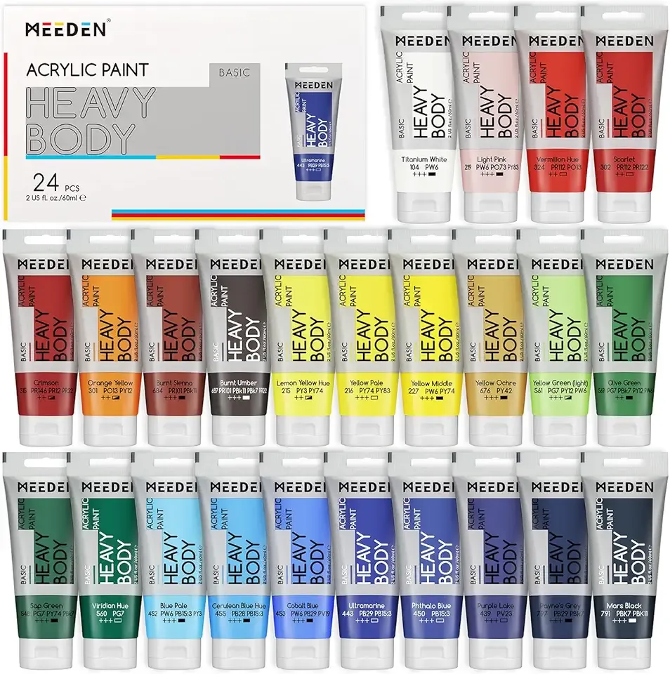 MEEDEN Heavy Body Acrylic Paint - Basic Satin Finish 24 x 60ml (2 oz) Color Paint Set for Adults - Rich Pigment Art Craft Paints for Canvas Clay Wood