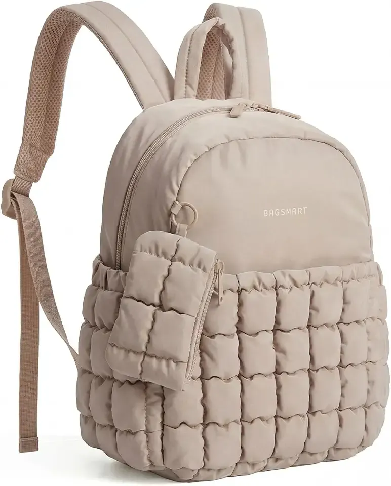 Mini Backpacks for Women, Puffy Checkered Quilted Small Backpack with Pouch, Lightweight Daypack Purse, Water-Resistant Bookbag for Daily Travel College, 2-in-1 Set, Brown