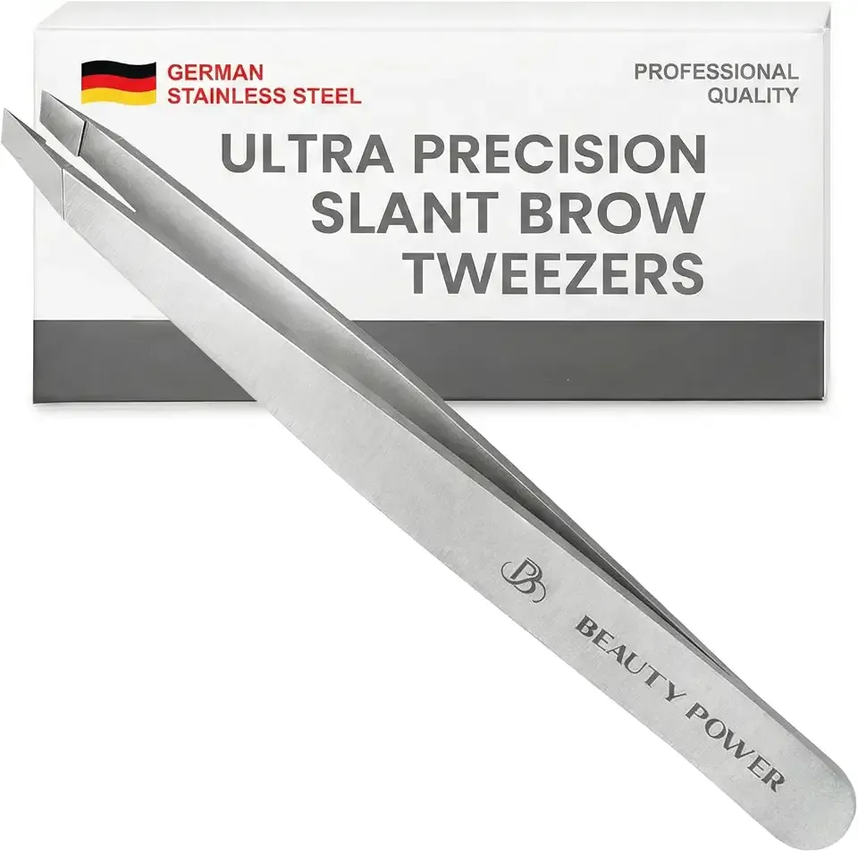 Beauty Power Tweezers for Women Facial Hair: Ultra Precision Tweezers for Women & Men, Sharp Slant Tweezer for Eyebrows, Ingrown Hair Removal. Professional Plucker + Case, German Stainless Steel Gray