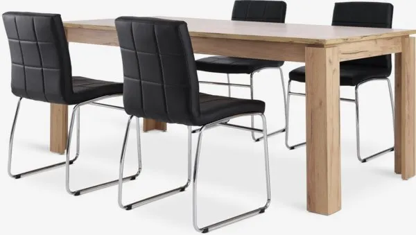 LINTRUP L190/280 tafel w.n.eiken + 4 HAMMEL zwart