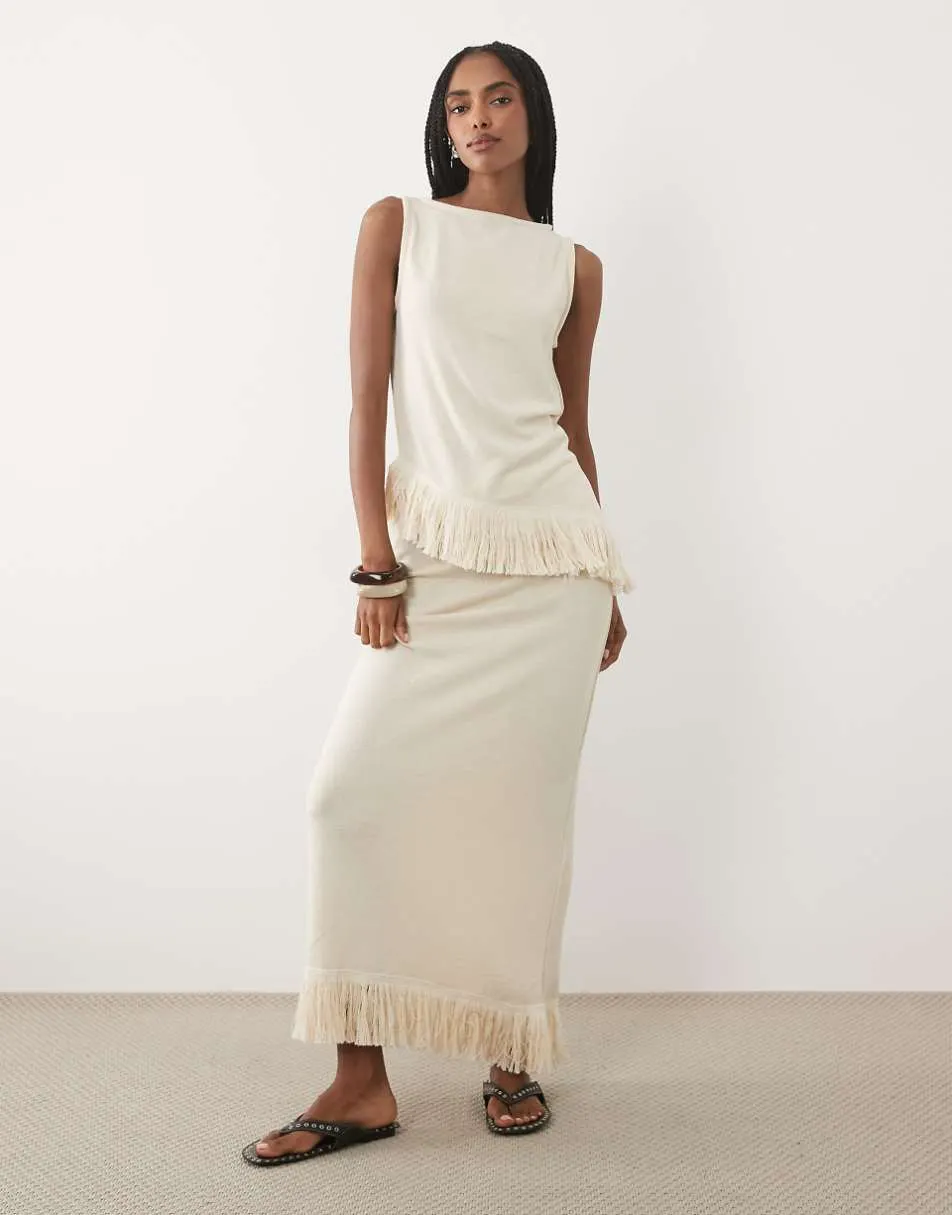 ASOS DESIGN textured co-ord maxi skirt with tassel in cream