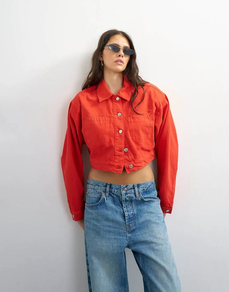 Topshop denim cropped shoulder pad jacket in red