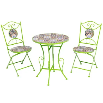Set giardino Bistrot Tavolo rotondo 60 cm e 2 sedie richiudibili in metallo Verde con Top in Ceramica Effetto Mosaico
