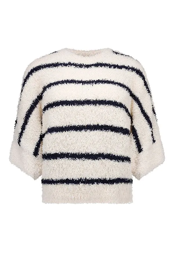 Ecru/donkerblauw gestreepte zachte trui