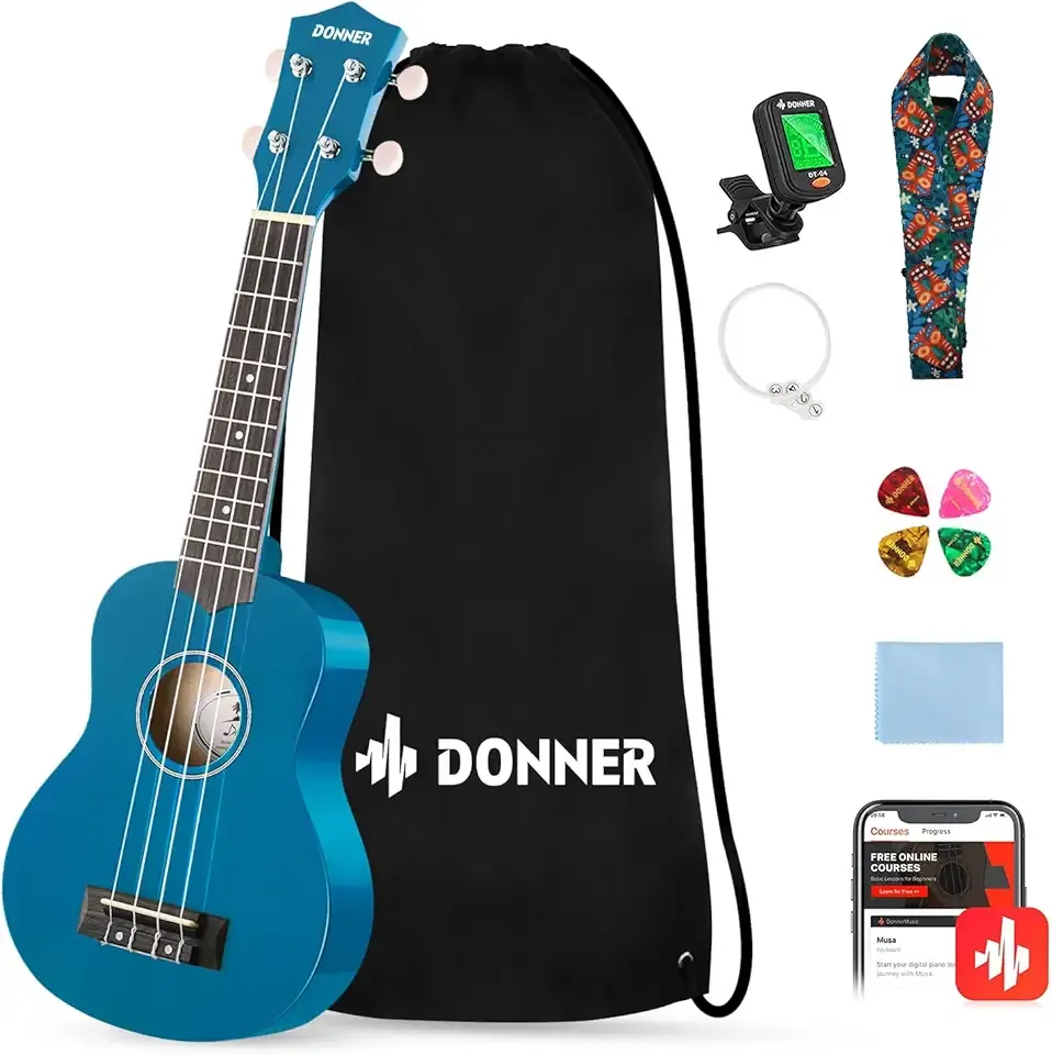 Donner Soprano Ukulele for Beginners 21 Inch Ukelele Starter Bundle Kit with Free Online Lessons Bag Strap String Tuner Picks Cloth Ukalalee Yukalalee (Blue)