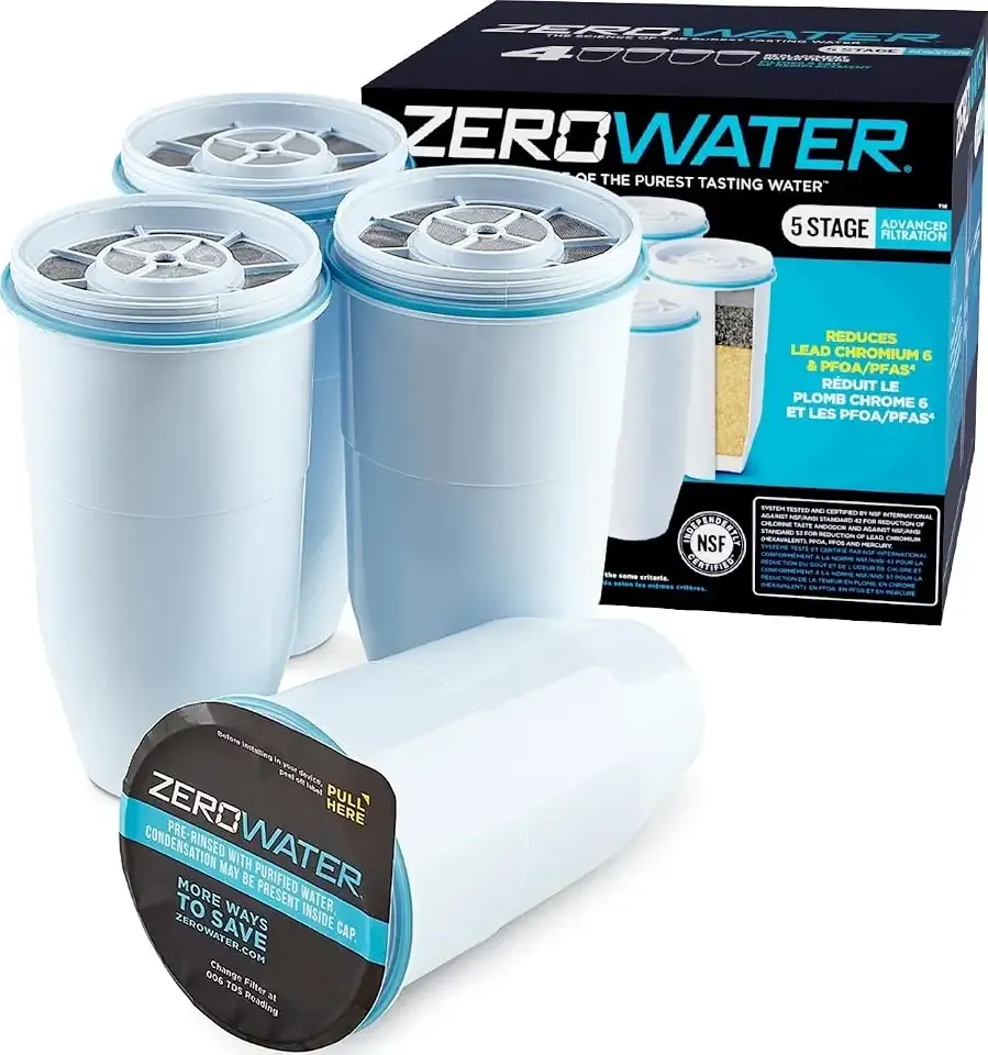 ZeroWater Official Replacement Filter - 5-Stage 0 TDS Water Filter Replacement IAPMO Certified to Reduce Lead, Chromium, and PFOA/PFOS 4-Pack
