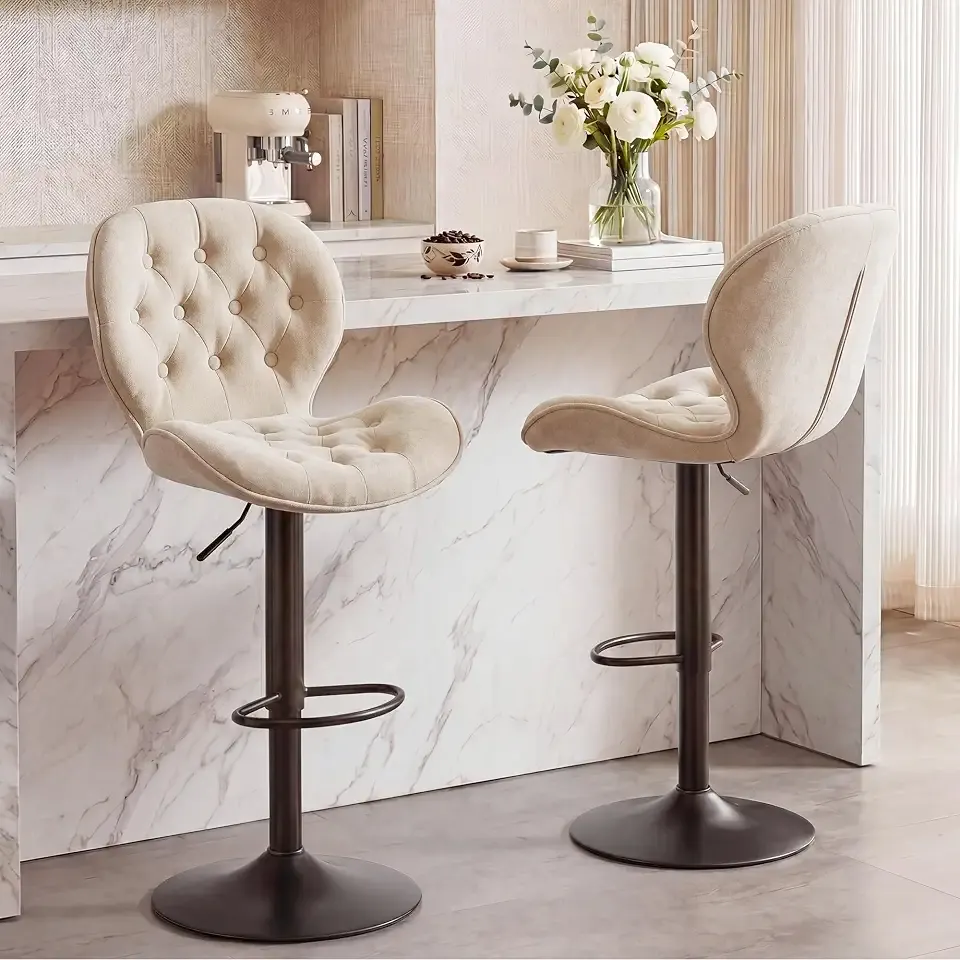 GRUSIGN Bar Stools Set of 2, Modern Swivel Adjustable Bar Chairs, Chenille Fabric Upholstered Counter Height Bar Stools with Backrest, Comfort Barstools for Kitchen Island, Home Bar, Khaki