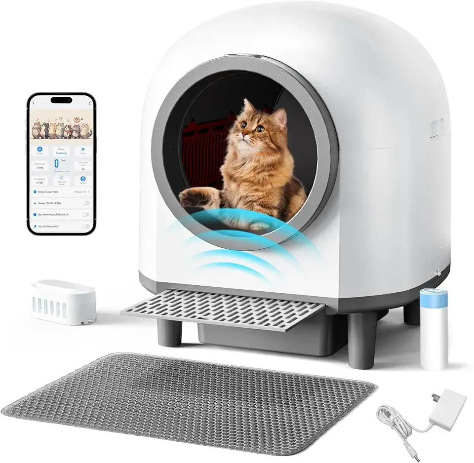Automatic Self Cleaning Litter Box for Multiple Cats 90L Large Capacity, Smart Automatic Cat Litter Box with App Control, Health Monitoring, Integrated Safety Sensors, Odor Removal, Mat (White)