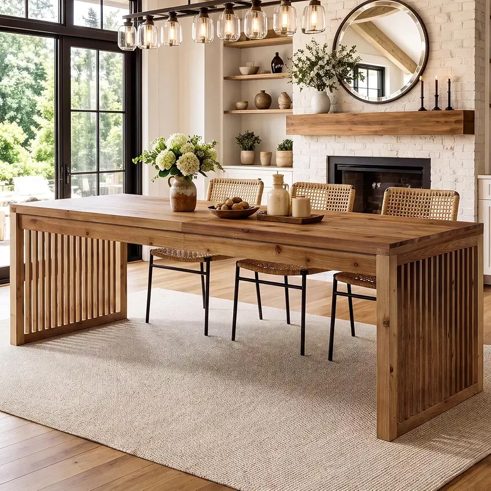 79" Large Dining Table for 6 8, Solid Wood Rustic Rectangular Kitchen Table | Walnut Brown Farmhouse Dining Table with Sturdy Slat Legs, 400 lb Capacity, Perfect for Dining Room, Kitchen, Living Room