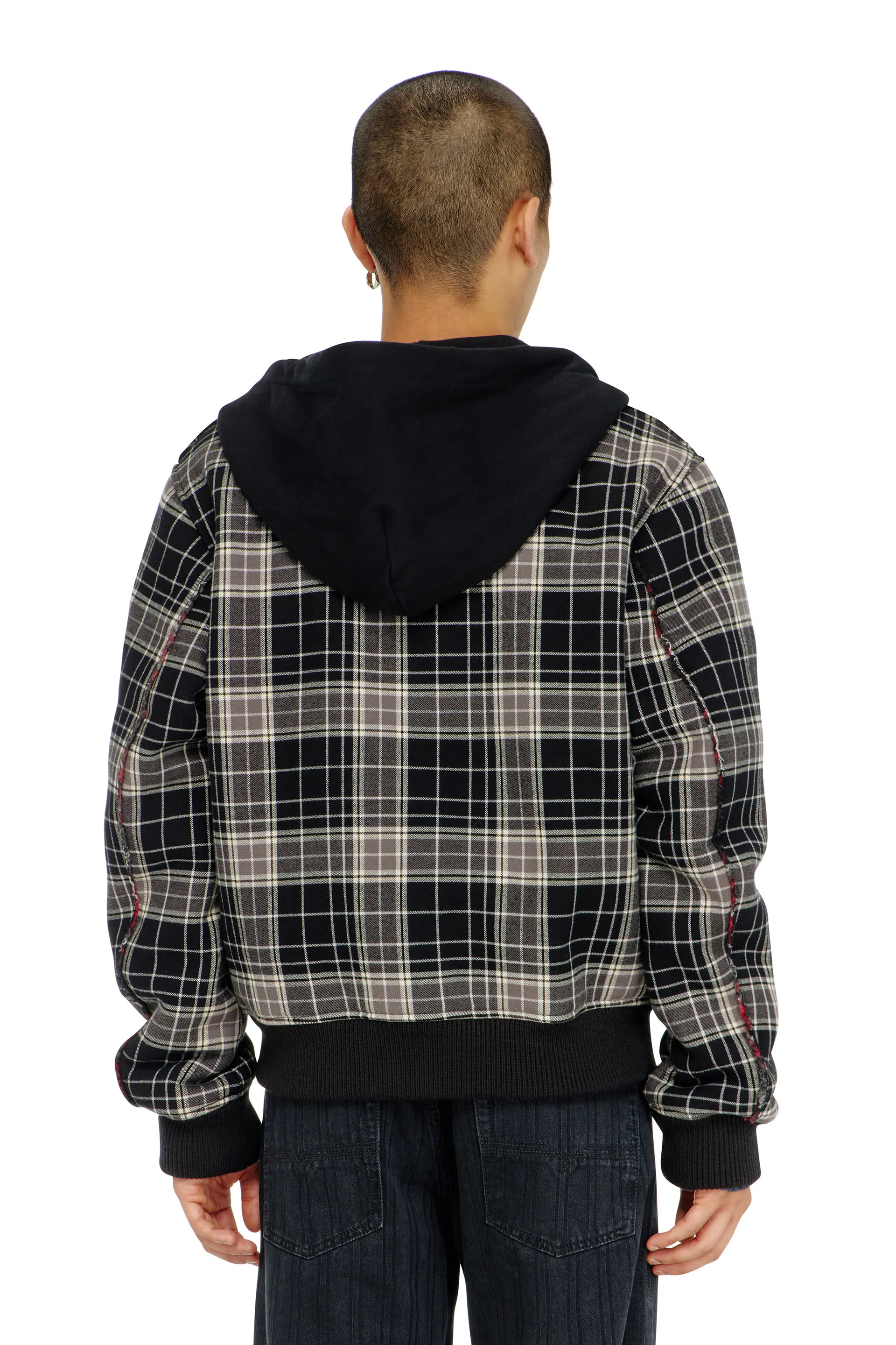 Check-flannel bomber jacket with teddy interior