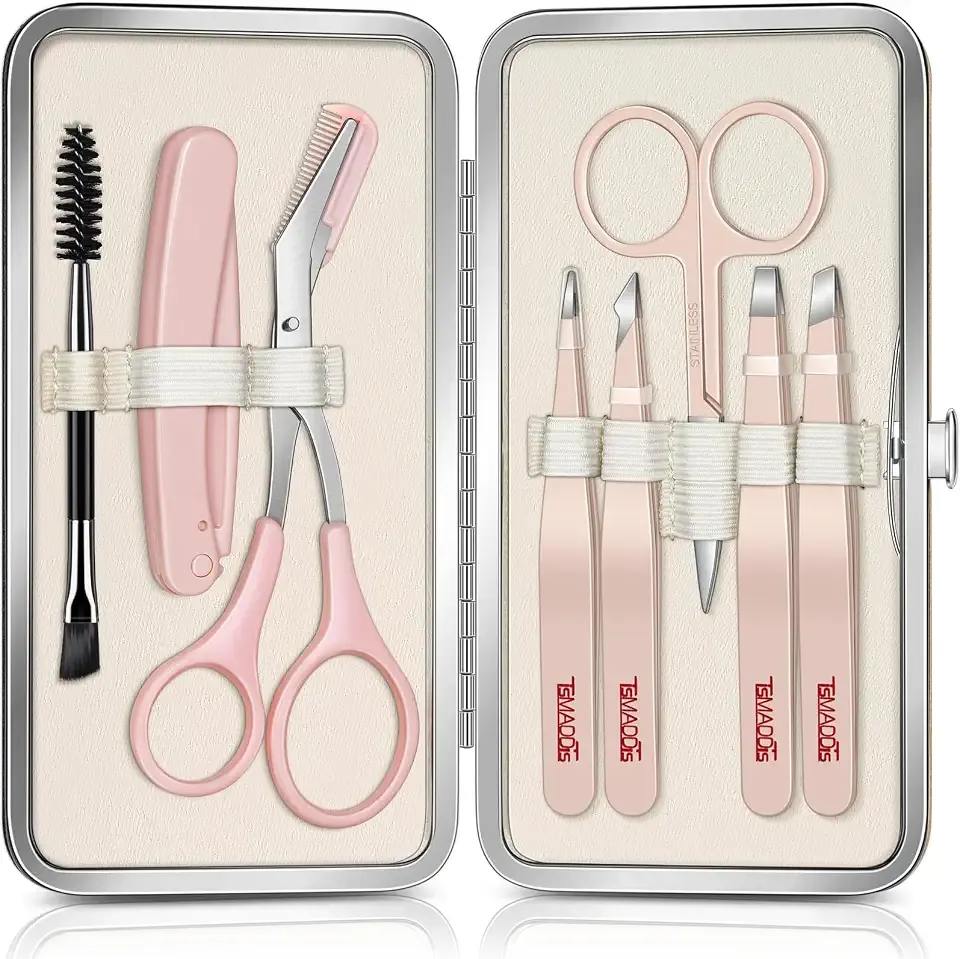 TsMADDTs Tweezers for Women Facial Hair, 8 in 1 Eyebrow Kit with Tweezers, Eyebrow Trimmer Scissors, Razor, Brush with Travel Bag, Hair Plucking Daily Beauty Tools