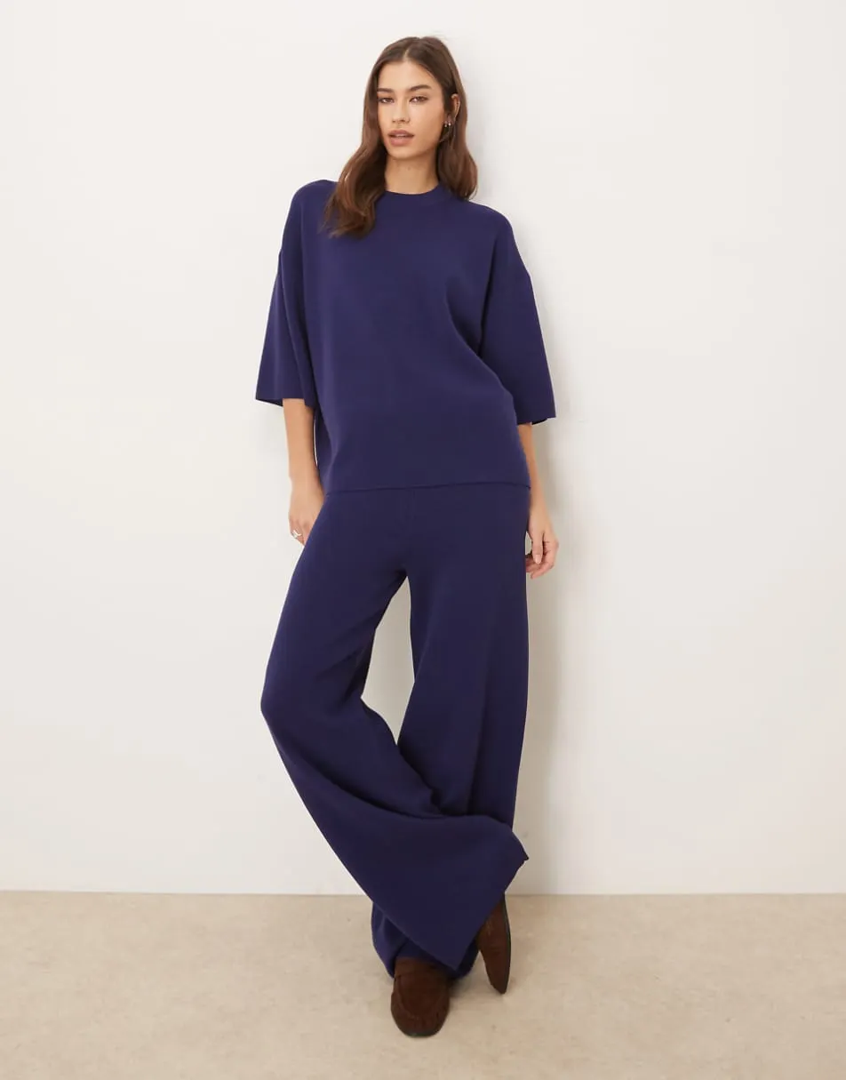 ASOS DESIGN knitted compact structured oversized t shirt & trousers co-ord in navy