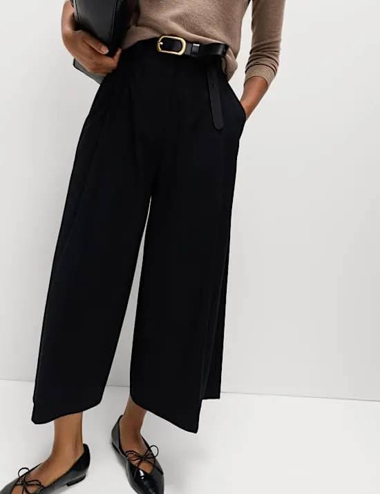 Woven Pleated Wide Leg Culottes