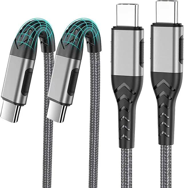 Durcord 2Pack 10ft USB C Charger Cable - 100W Fast Charging for Android/Phone/Pad, Type C to Type C Compatible with iPhone 17/16/15 Pro Plus Max Silver