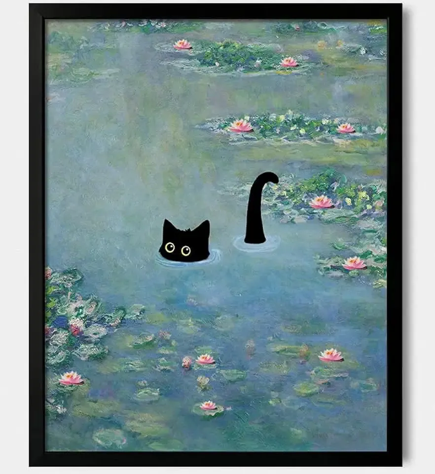 Hamduker Cat Wall Art Monet Prints Vintage Canvas Wall Art Funny Cat in Water Lilies Posters for Room Bedroom Living Room Bathroom Wall Decor Aesthetic (Size: 8''x10''x1pcs)
