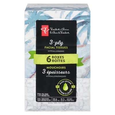 3-Ply Hypoallergenic Facial Tissues, 6 Boxes, 120 Sheets Each