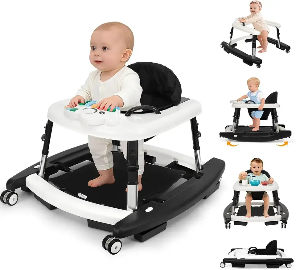 5-in-1 Baby Walker for Boys and Girls Music and Lights 6-18 Month, Foldable Baby Walkers with 5 Adjustable Heights, Infant Toddler Walker with Wheels and Combo Portable(Black)