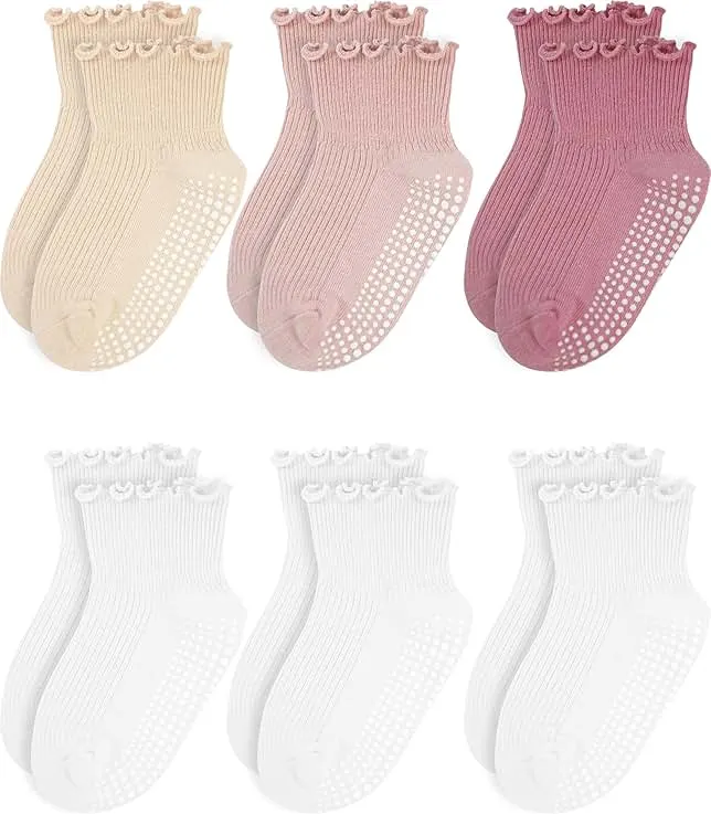 Sooneeya Toddler Ruffle Socks - Baby Girls Non-Slip Socks with Grips - Indoor Soft Cotton Frilly Ankle Sock