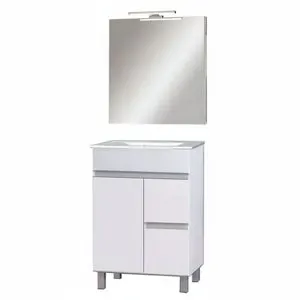 Kibath Mueble de baño con Lavabo, Espejo y Aplique LED URBAN 70x45 cm acabado BLANCO brillo 2 cajones y puerta