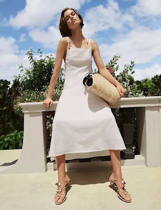 Beaded Square Neck Strappy Midi Column Dress