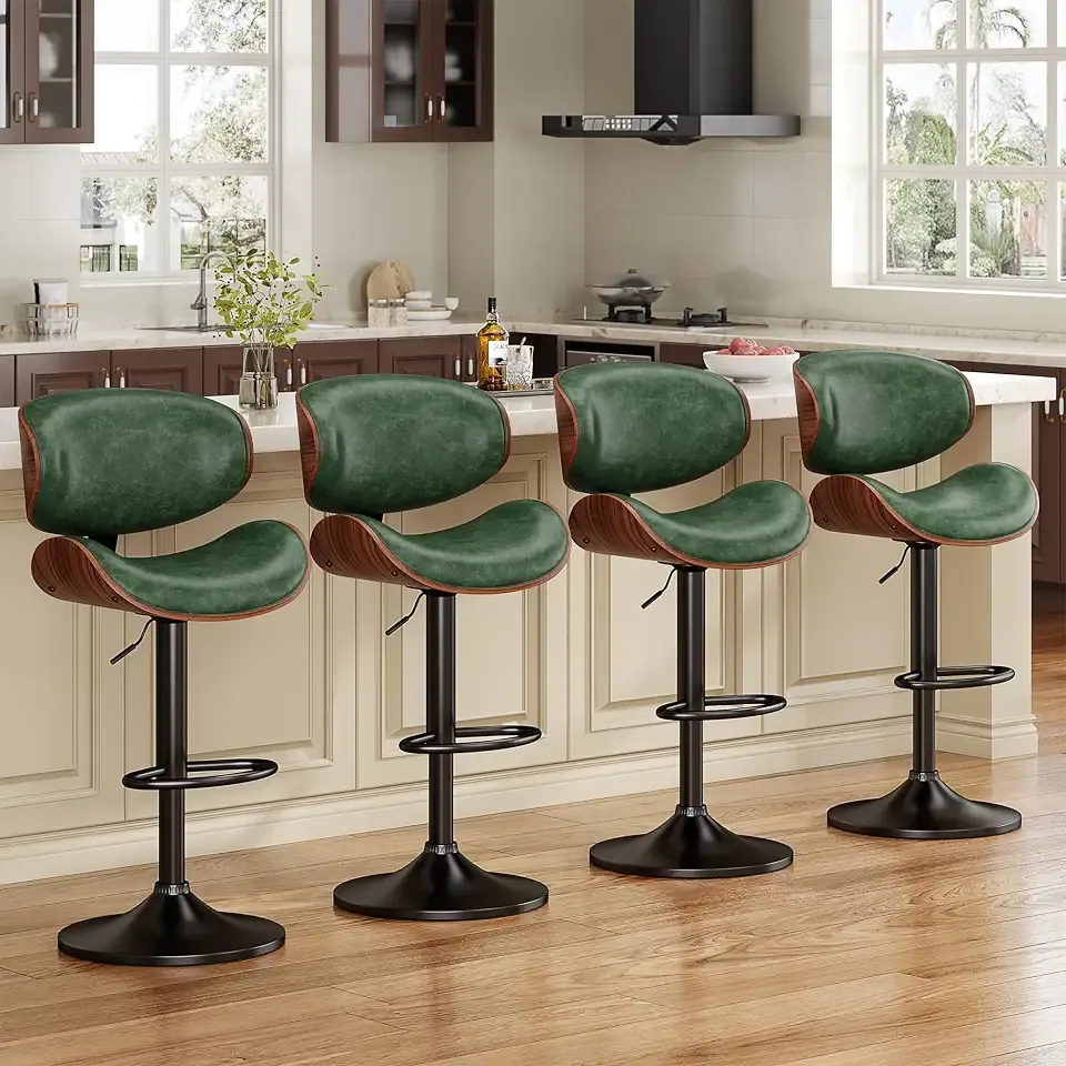 YaFiti Swivel Bar Stools Set of 4, Bar Stools for Kitchen Counter, Green | Modern PU Leather Upholstered Bar Chair with Back and Footrest, for Bar, Kitchen, Dining Room