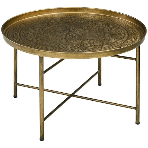 24" Round Coffee Table with Hammered Tray Top Metal Frame, Gold