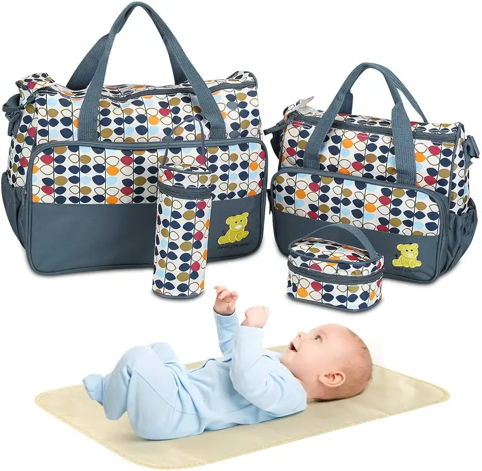 Moclever 5PCS Diaper Bag Tote Set for Baby Essentials – Large Baby Bags for Mom, Waterproof Maternity Bags with Bottle Bag, Food Bag & Changing Pad (Gray)