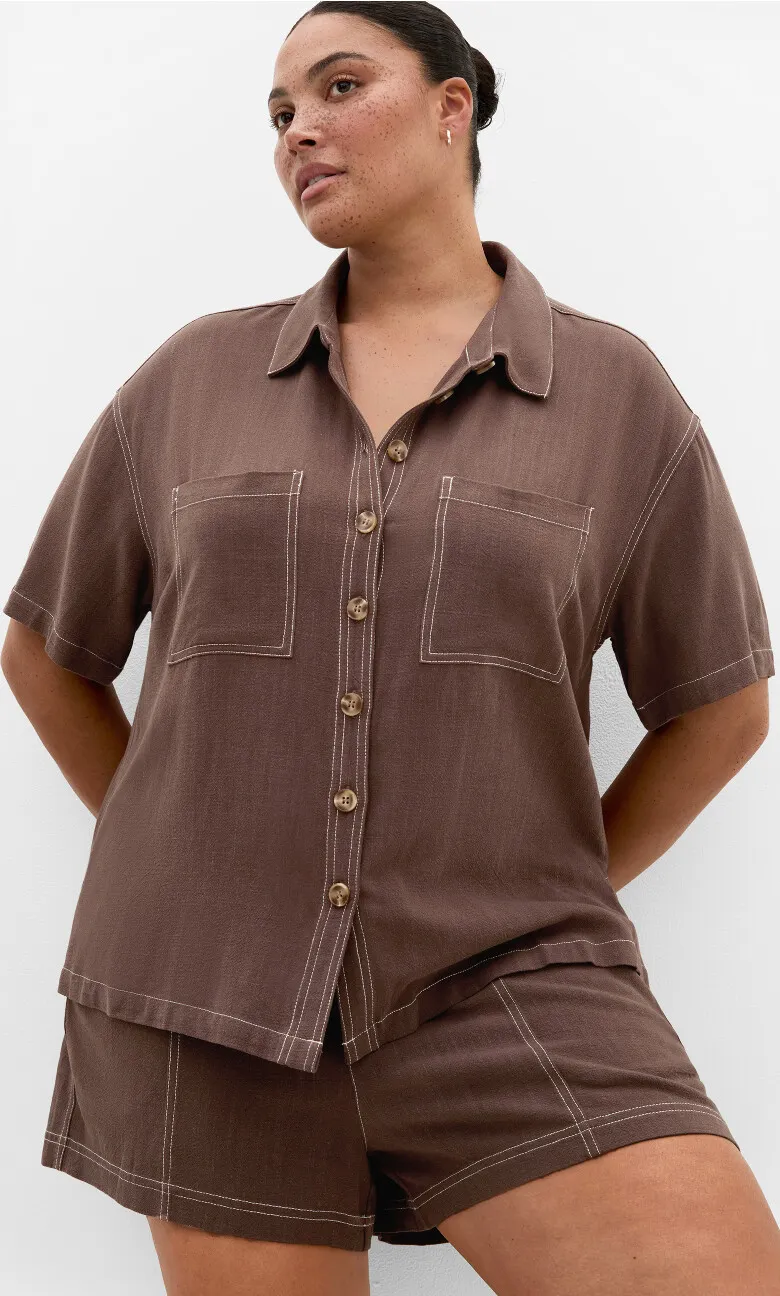 Tia Stitch Detail Shirt - chocolate