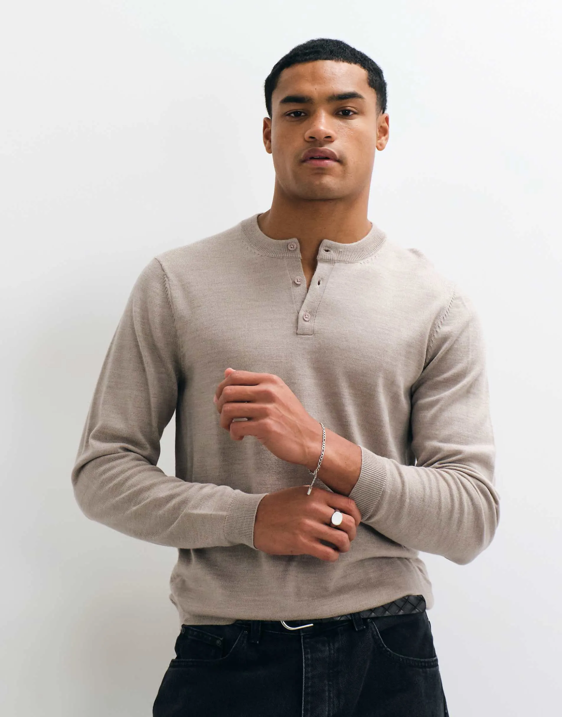 ASOS DESIGN knitted merino wool henley in taupe