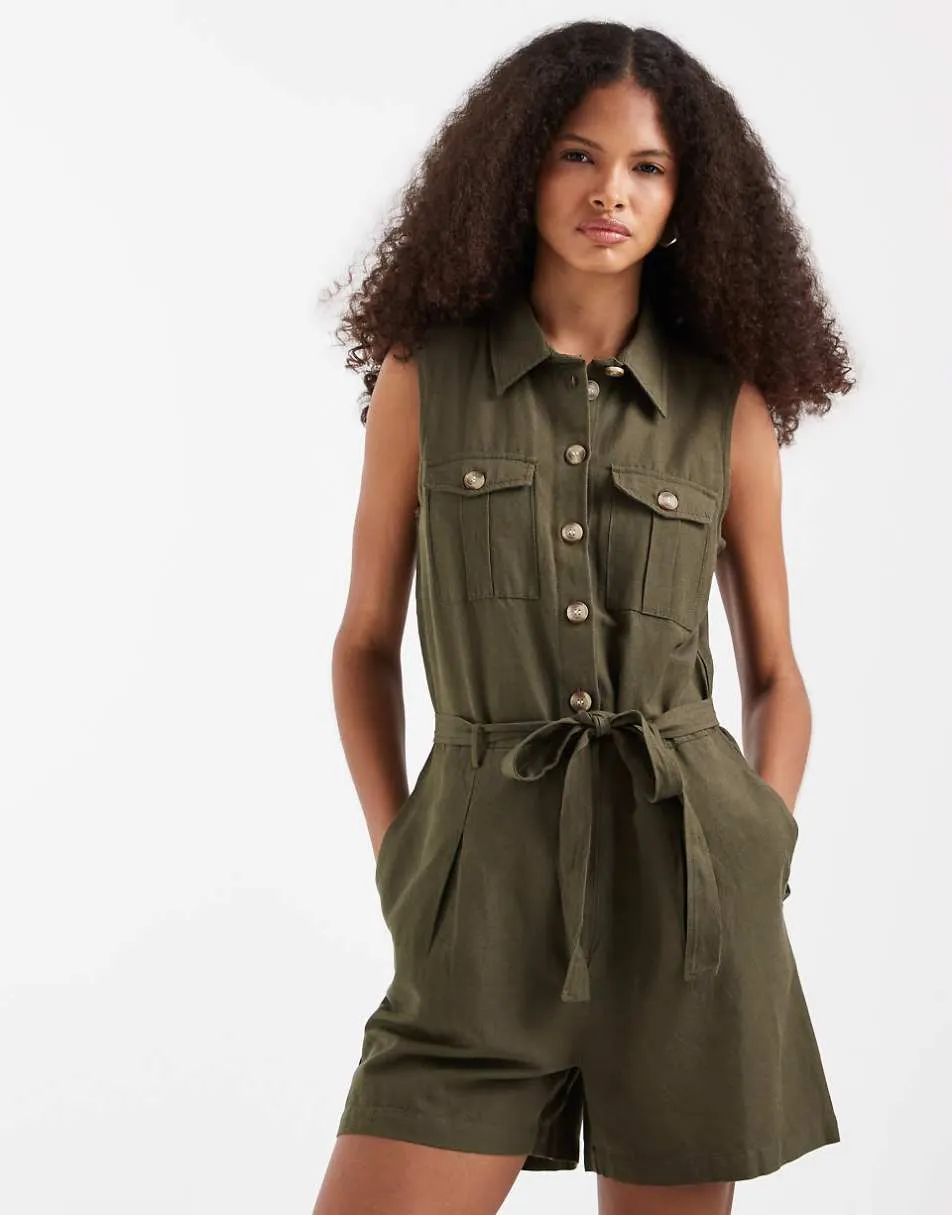 Vero Moda linen look utility style tie waist playsuit in khaki