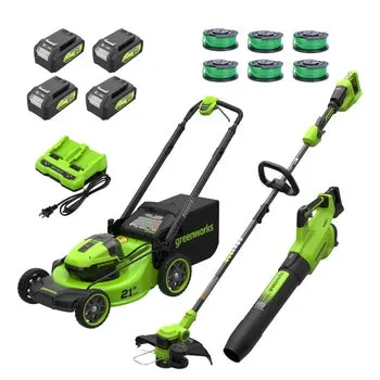 Greenworks 2x24V Mower, Trimmer, Blower Combo Kit with (4) 4ah Batteries