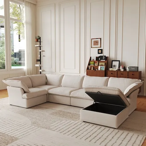 V-Shaped 163 in. Flared Arm Down Filled Linen Modular Sofa Corner Cloud Couch with Storage Ottoman in Beige
