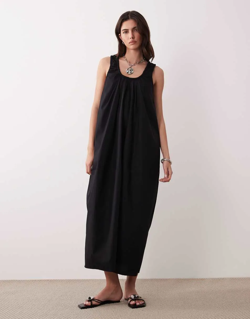 ASOS DESIGN poplin ruched neck maxi sundress in black