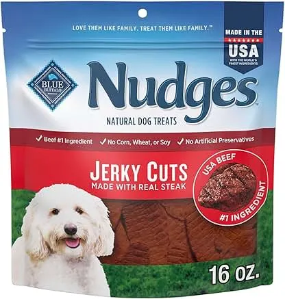 Blue Buffalo Nudges Jerky Cuts Dog Treats, Made in the USA with Natural Ingredients, Steak, 16-oz Bag Blue Buffalo Nudges Jerky Cuts Dog Treats, Made in the USA…