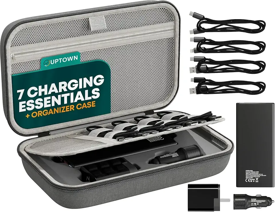 Uptown 7- Piece Travel Charging Tech Bundle – 10,000mAh Portable Charger, 45W GaN Wall Adaptor, 48W Car Charger & 4 Cables with Cord Organizer – Travel Essentials for Phones, Tablets & Laptops