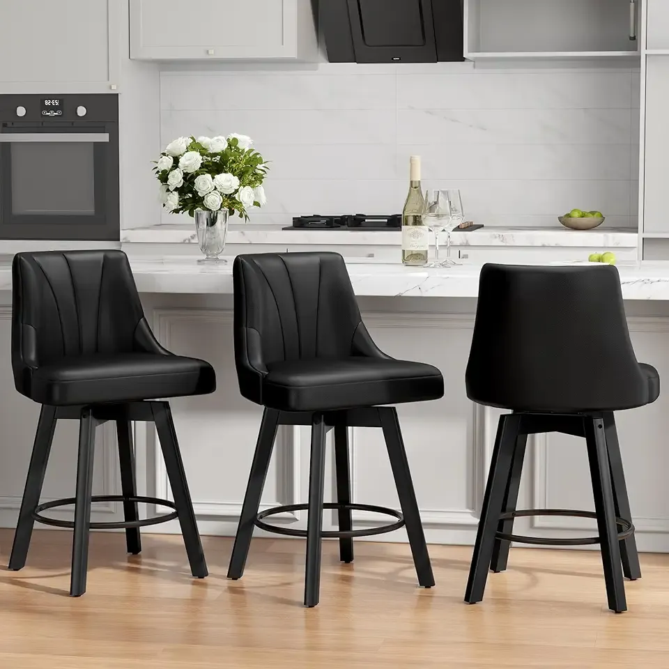 Counter Height Swivel Bar Stool, 24" Upholstered PU Leather Barstools Set of 3, Counter Stool Chair with Back & Solid Wood Legs for Kitchen Island Dining Room (Black)