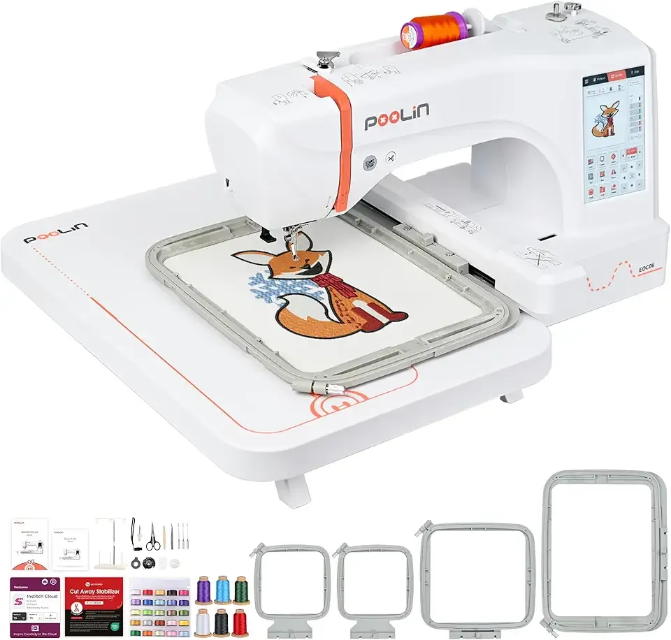 PooLin EOC06 Embroidery Machine,7" Touchscreen,7.9"x11" Hoop Area,Computerized Home Embroidery Machine for Beginners Gifts,200 Built-in Designs,USB & Wireless,Software,4 Hoops,Thread,Bobbin,Stabilizer