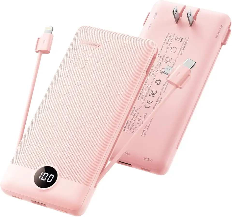 Portable Charger Built-in Cables and Wall Plug, 10000mAh Slim USB C Power Bank, LED Display External Battery Pack Compatible with iPhone/Android & More (Pink)