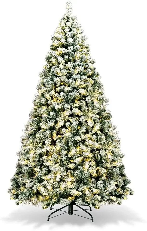 Goplus 7.5ft Artificial Snow Flocked Christmas Tree, Pre-Lit Snowy Hinged Xmas Tree with 550 Led Lights, 1346 Branch Tips and Metal Stand, for Holiday Indoor Home Office Decoration