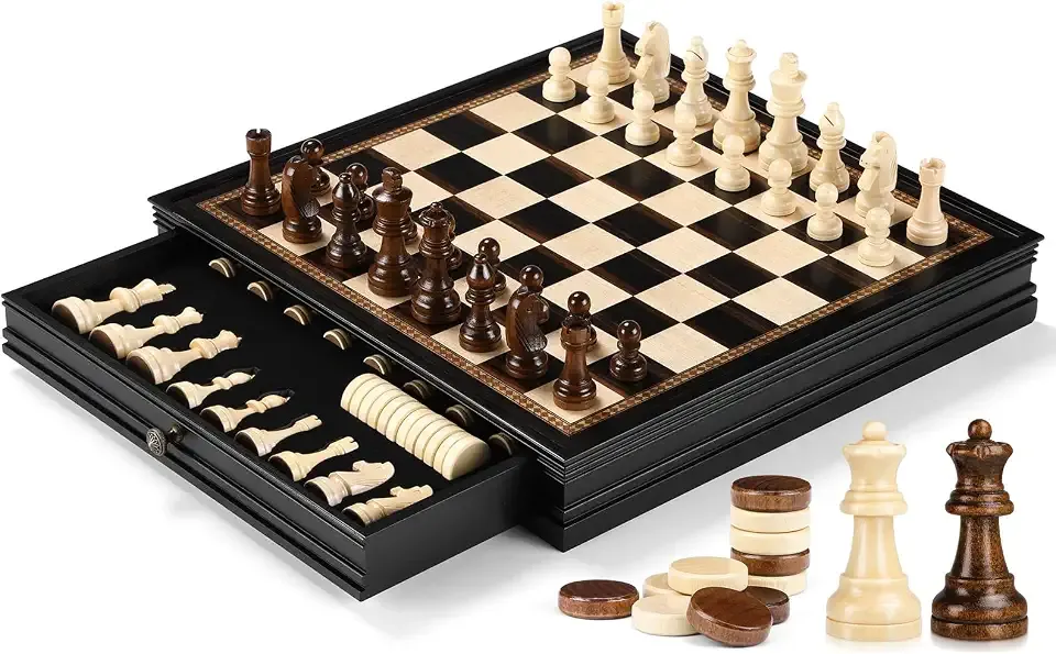 Peradix 15" Magnetic Chess and Checkers Set with 2 Built-in Storage Drawers