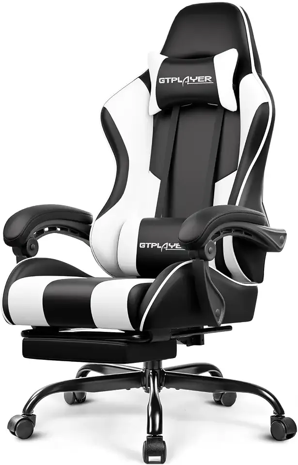 GTPLAYER Gaming Chair, Computer Chair with Footrest and Lumbar Support, Height Adjustable Game Chair with 360°-Swivel Seat and Headrest and for Office or Gaming (Pearl White)