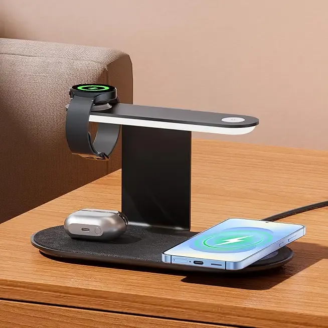 Metal Wireless Charging Station for Samsung/Android Charger,4 in 1 Nightstand Watch Charger Fast Charging Stand with Night Light for Samsung S25/S24/S23 Ultra/Buds3,Only for Galaxy Watch 8/7/6/5,Black
