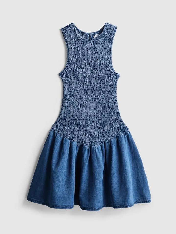 7–15 ans | Robe sans manches froncée en chambray