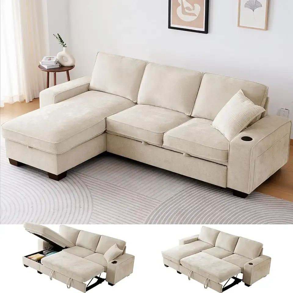 ASHOMELI 99" Convertible Sleeper Sofa Bed,L Shaped with Storage Chaise Pull Out Couch for Living Room,USB and Type-C,Removable Washable Chenille Covers (Beige)