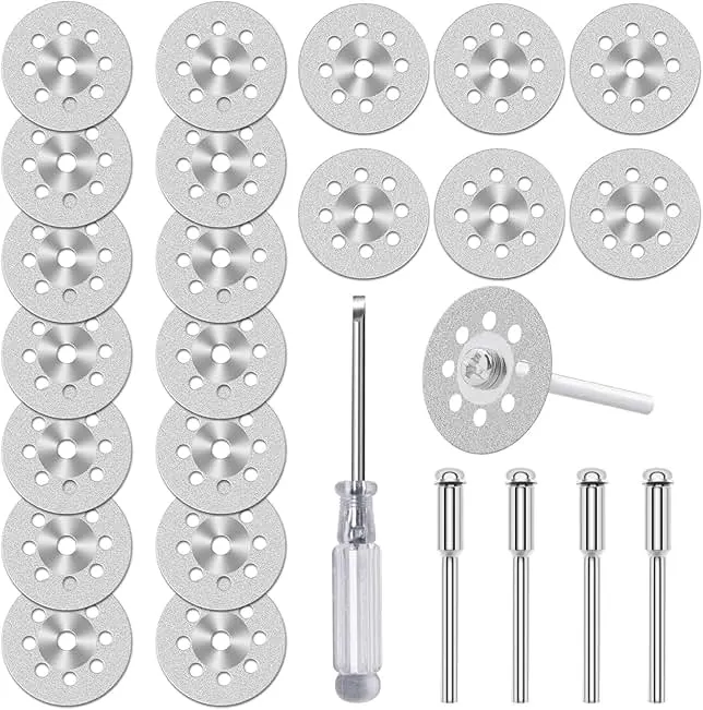20pcs 545 Diamond Cutting Wheel Cut Off Discs Coated (22mm) for Dremel Rotary Tool with 402 Mandrel (3mm) 4pcs and Screwdriver for Cutting Glass, Stone, Ceramic, Marble, Tile, Plastic